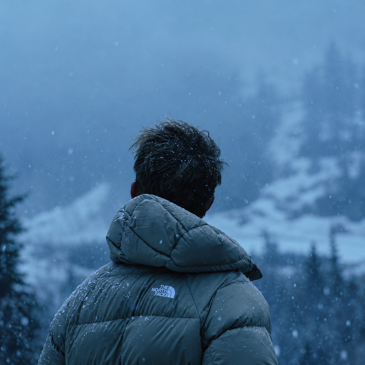 Snowy North Face jacket with clear white logo in a blue winter landscape