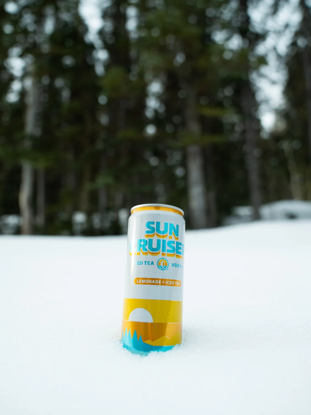 Sun Cruiser can in fresh snow by a pine forest